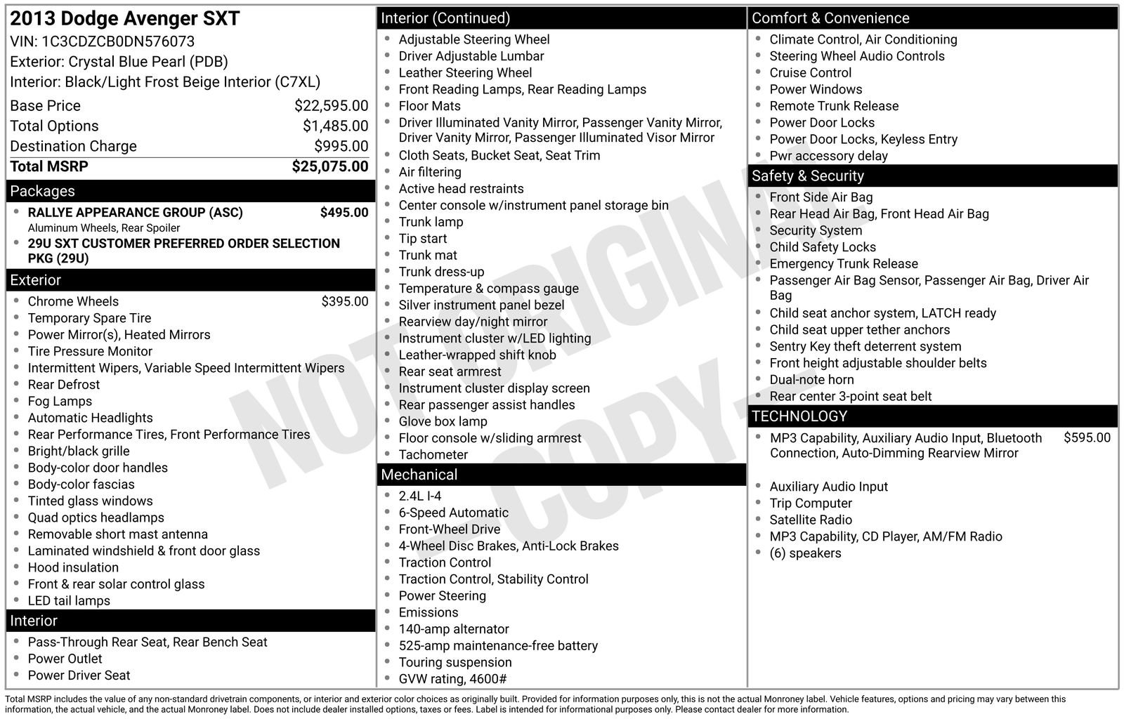 Used 2013 Dodge Avenger SXT w/ Rallye Appearance Group FWD image 1