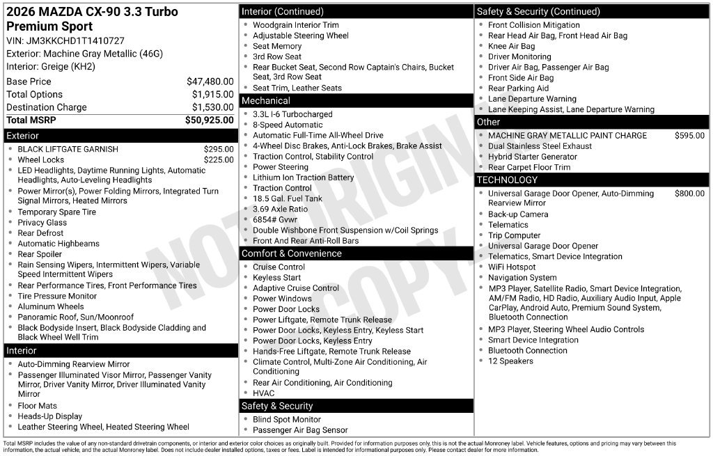 New 2026 MAZDA CX-90 3.3 Turbo w/ Premium Sport Pkg AWD/4WD image 7