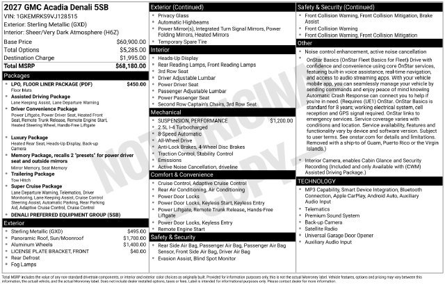 New 2027 GMC Acadia Denali w/ LPO, Floor Liner Package AWD/4WD image 4