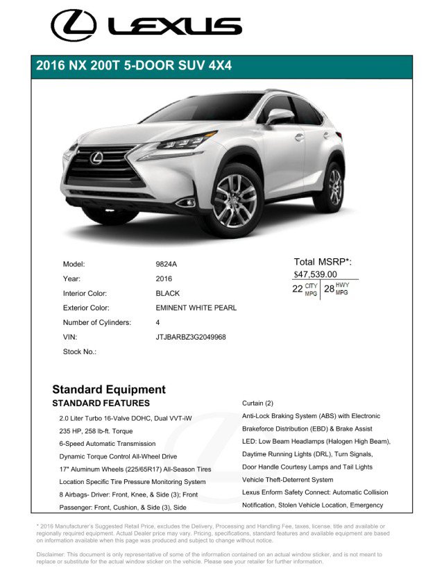 Used 2016 Lexus NX 200t AWD w/ Luxury Package image 3