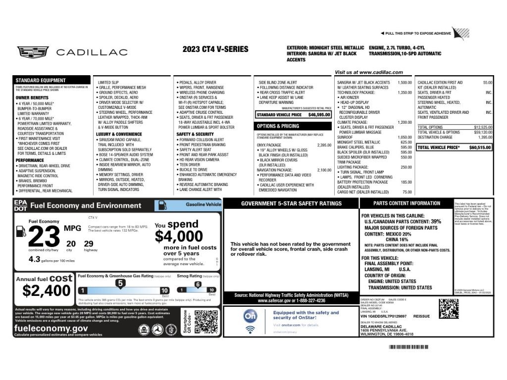 Certified 2023 Cadillac CT4 V w/ LPO, ONYX Package RWD image 9