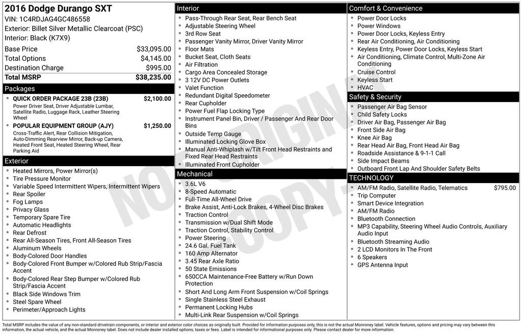 Used 2016 Dodge Durango SXT w/ Quick Order Package 23B