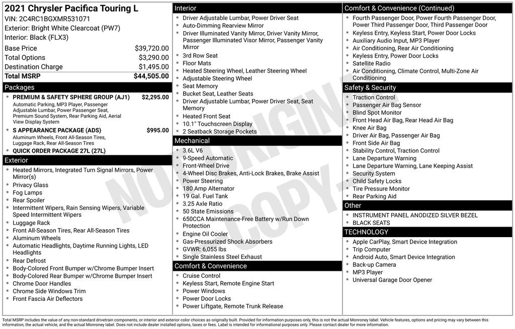 Used 2021 Chrysler Pacifica Touring-L w/ Premium & Safety Sphere Group FWD image 6