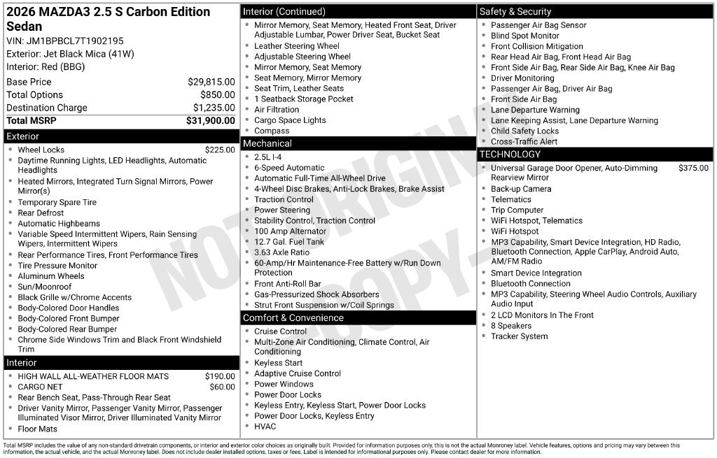 New 2026 MAZDA MAZDA3 Carbon AWD/4WD image 10