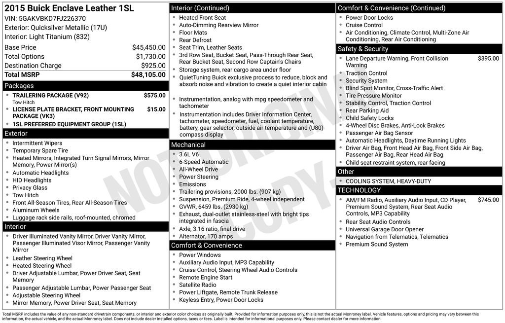 Certified 2015 Buick Enclave Leather w/ Trailering Package AWD/4WD image 5