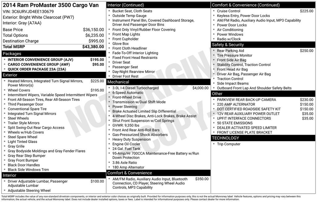 Used 2014 RAM ProMaster 3500 w/ Interior Convenience Group FWD image 6
