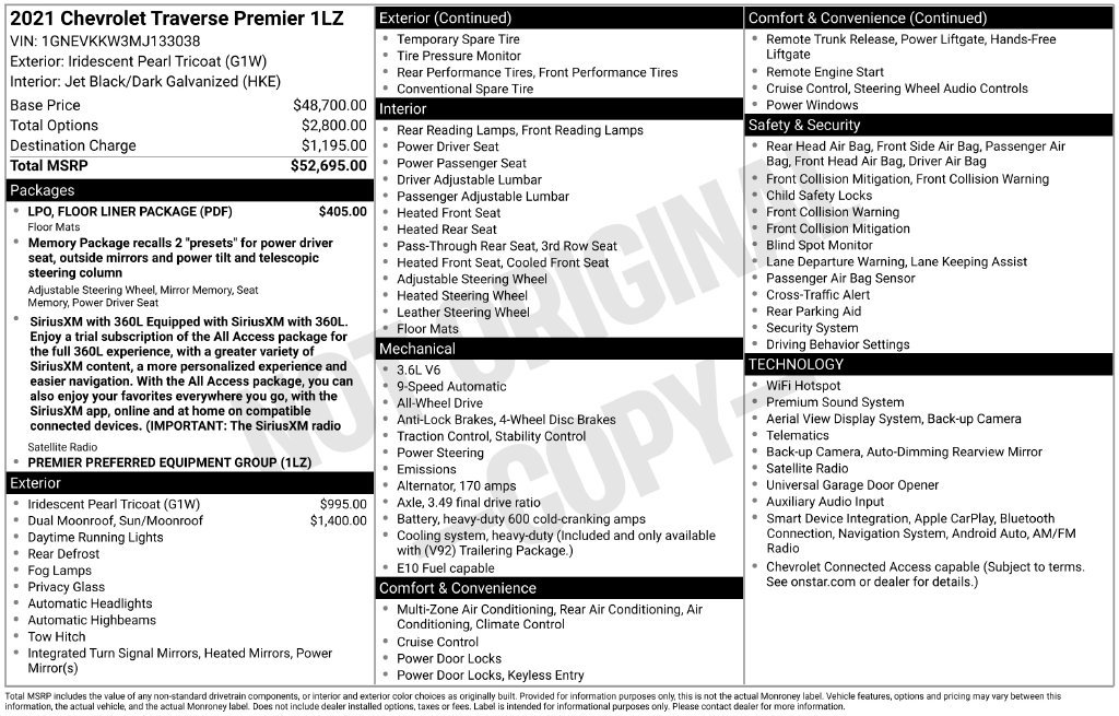 Used 2021 Chevrolet Traverse Premier w/ LPO, Floor Liner Package AWD/4WD image 32