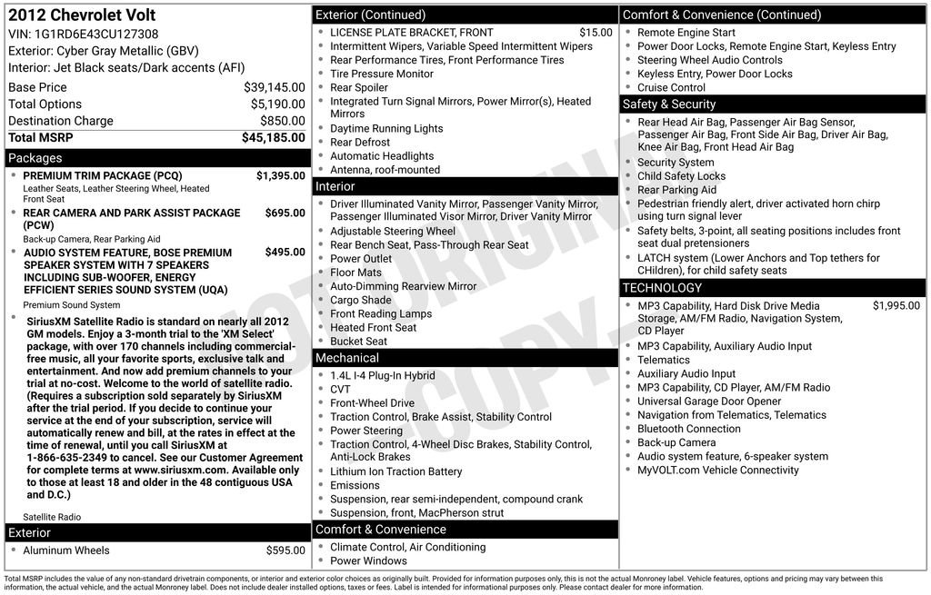 Used 2012 Chevrolet Volt Premium w/ Premium Trim Package image 1