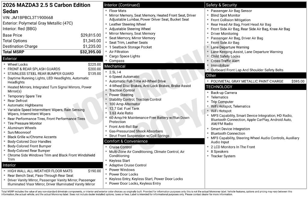 New 2026 MAZDA MAZDA3 Carbon AWD/4WD image 22