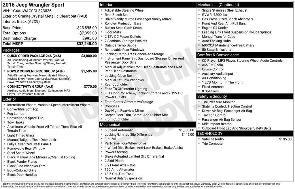 Used 2016 Jeep Wrangler Sport w/ Quick Order Package 24S image 15