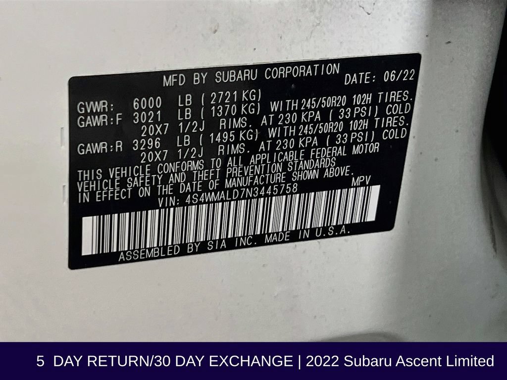 Used 2022 Subaru Ascent Limited w/ Technology Package AWD/4WD image 40