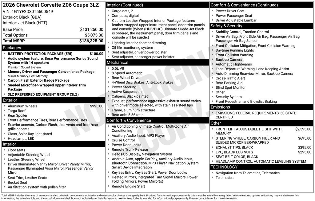 New 2026 Chevrolet Corvette Z06 w/ Battery Protection Package image 1