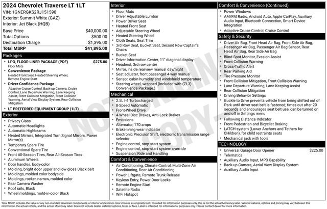 Used 2024 Chevrolet Traverse LT w/ LPO, Floor Liner Package FWD image 4