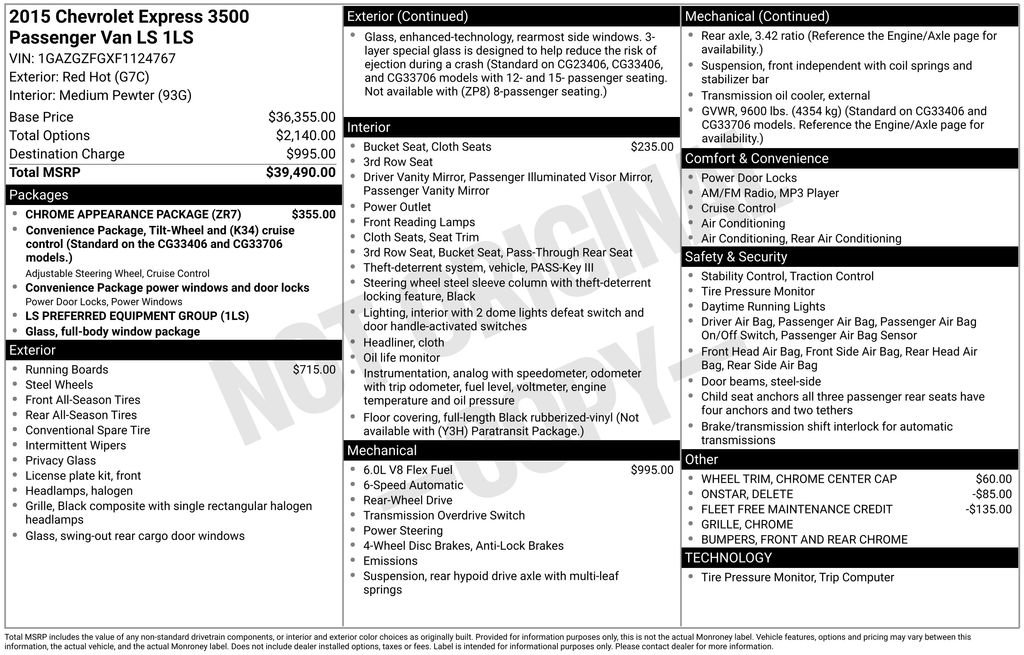 Used 2015 Chevrolet Express 3500 LS w/ Chrome Appearance Package image 9