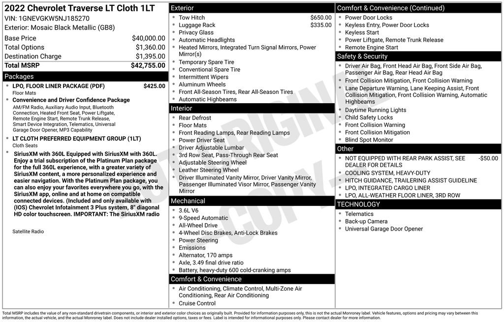 Used 2022 Chevrolet Traverse LT w/ LPO, Floor Liner Package AWD/4WD image 26