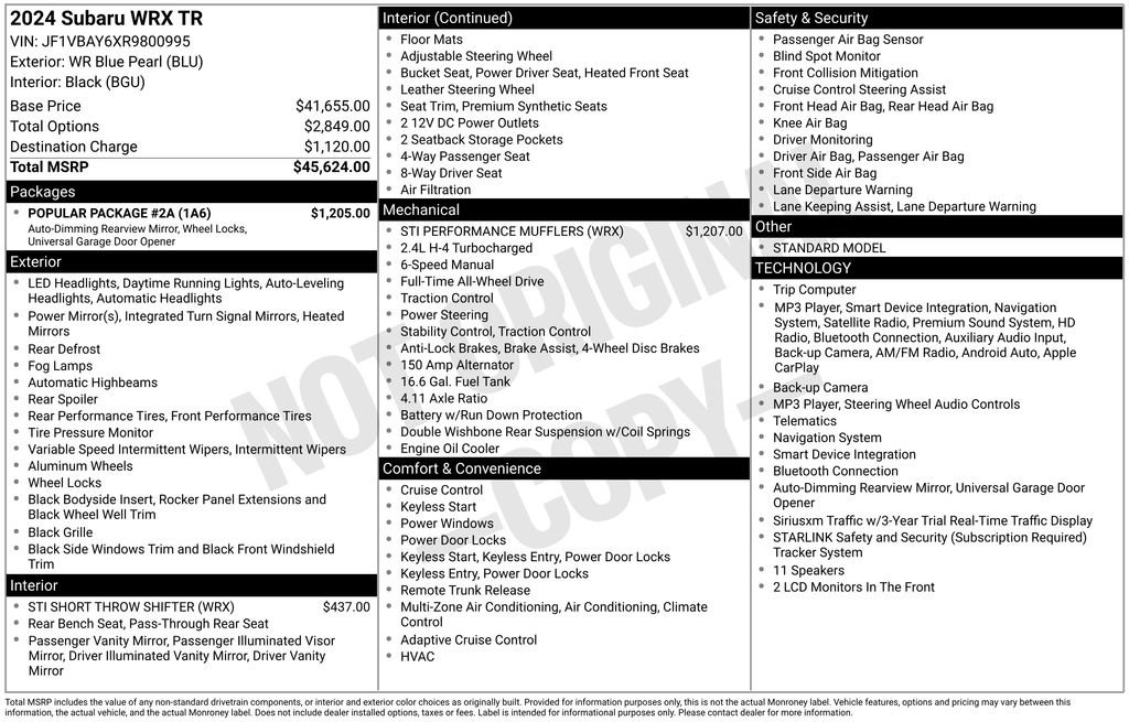 Certified 2024 Subaru WRX TR w/ Popular Package #2A AWD/4WD image 26