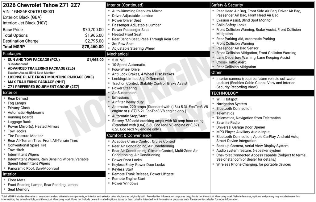 Used 2026 Chevrolet Tahoe Z71 w/ Sun And Tow Package AWD/4WD image 3