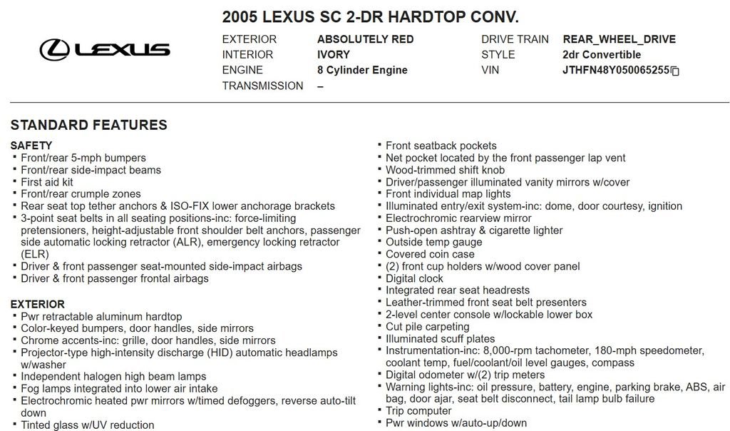 Used 2005 Lexus SC 430 Convertible image 16