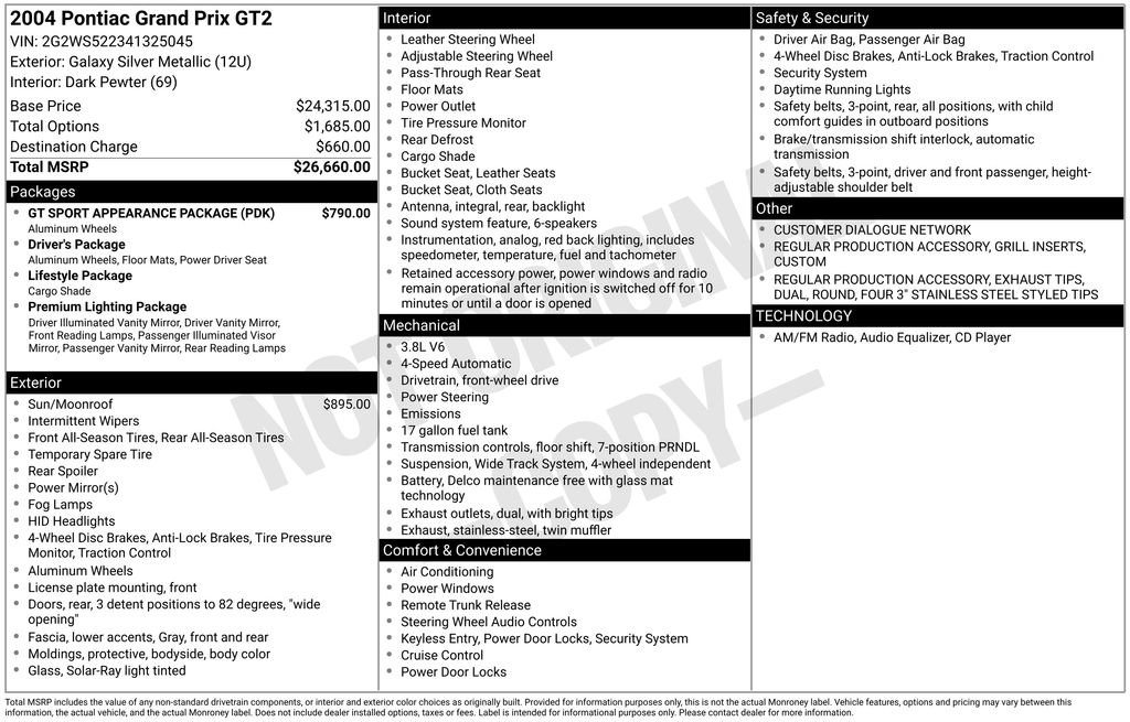 Used 2004 Pontiac Grand Prix GT2 w/ GT Sport Appearance Package FWD image 35