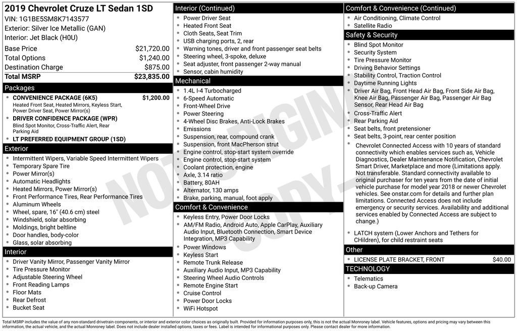 Used 2019 Chevrolet Cruze LT w/ Convenience Package FWD image 2