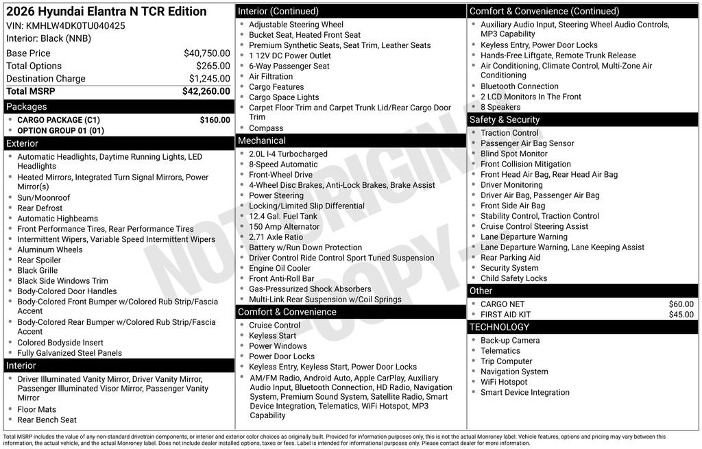 New 2026 Hyundai Elantra N w/ Cargo Package FWD image 6