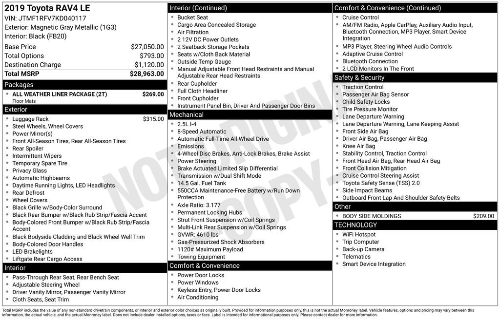 Used 2019 Toyota RAV4 LE w/ All Weather Liner Package image 6