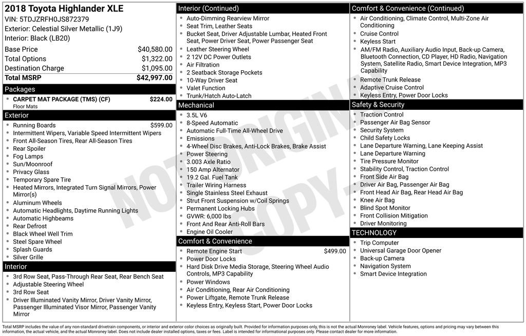 Used 2018 Toyota Highlander XLE w/ Carpet Mat Package (TMS) image 6