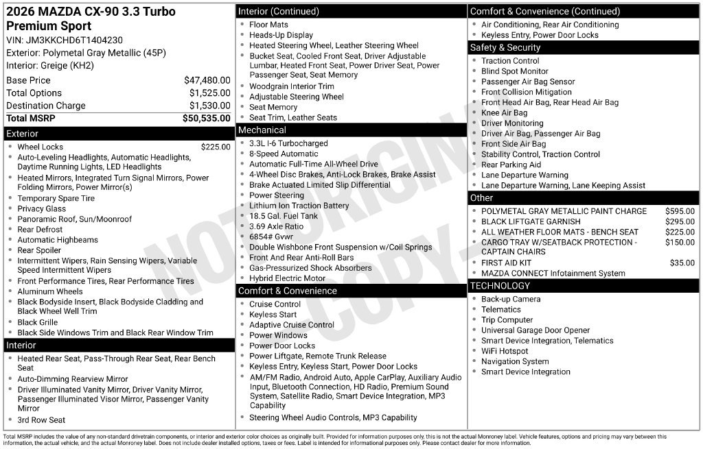 New 2026 MAZDA CX-90 3.3 Turbo w/ Premium Sport Pkg AWD/4WD image 7