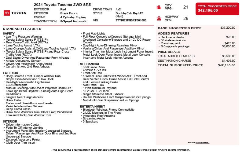 Used 2024 Toyota Tacoma SR5 w/ SR5 Upgrade Package RWD image 3