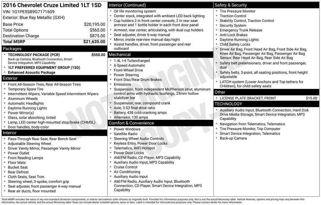Used 2016 Chevrolet Cruze LT w/ Technology Package FWD image 34