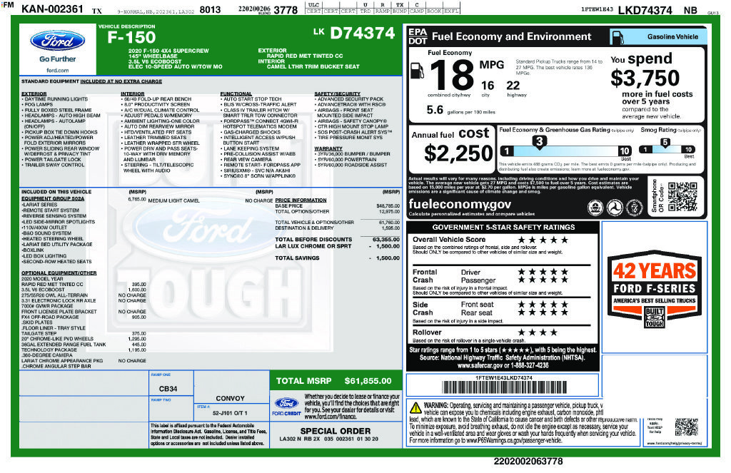Used 2020 Ford F150 Lariat w/ Equipment Group 502A Luxury AWD/4WD image 6