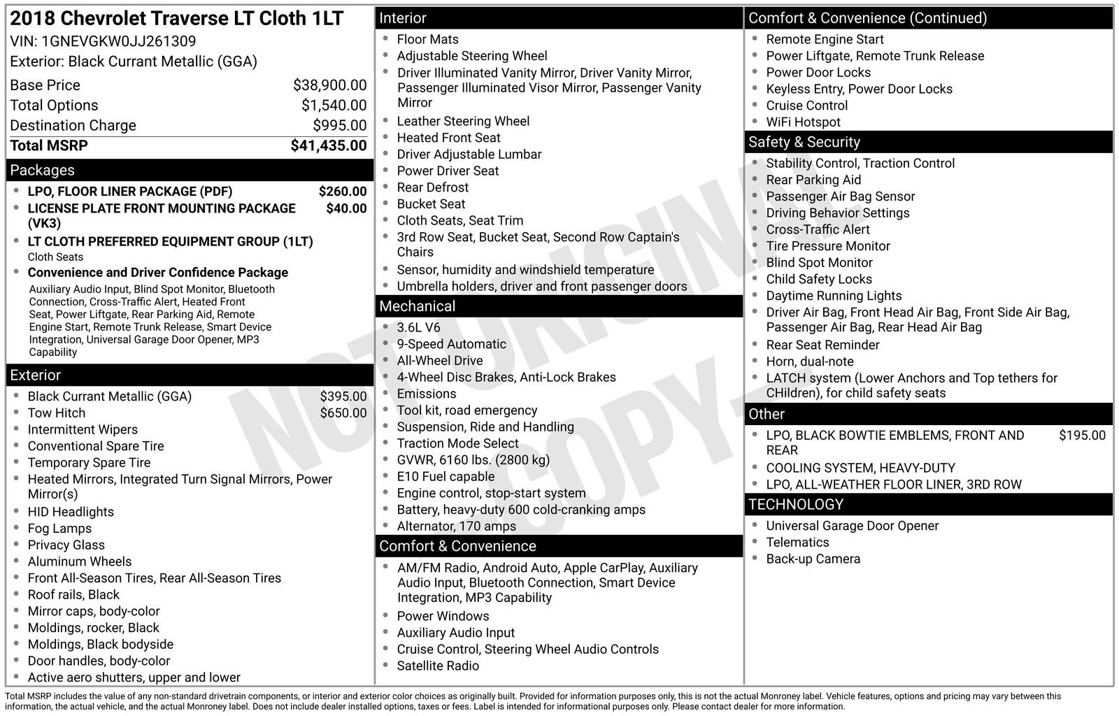 Used 2018 Chevrolet Traverse LT w/ LPO, Floor Liner Package AWD/4WD image 27