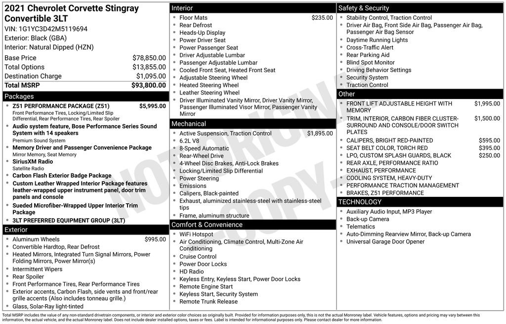 Certified 2021 Chevrolet Corvette Stingray Premium Conv w/ Z51 Performance Package RWD image 13