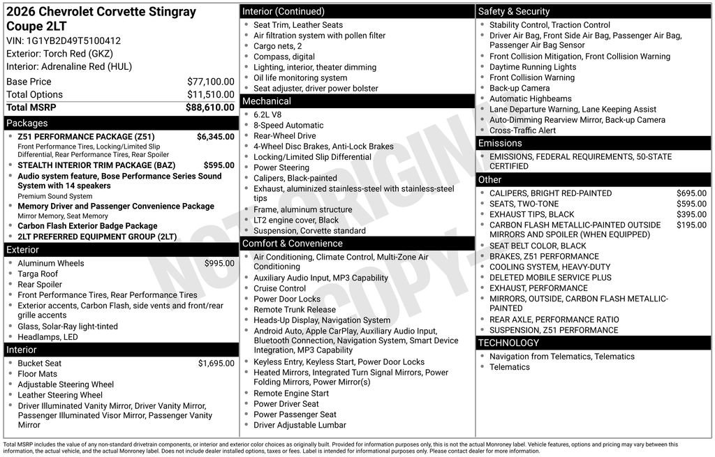 New 2026 Chevrolet Corvette Stingray Preferred Cpe w/ Z51 Performance Package image 1