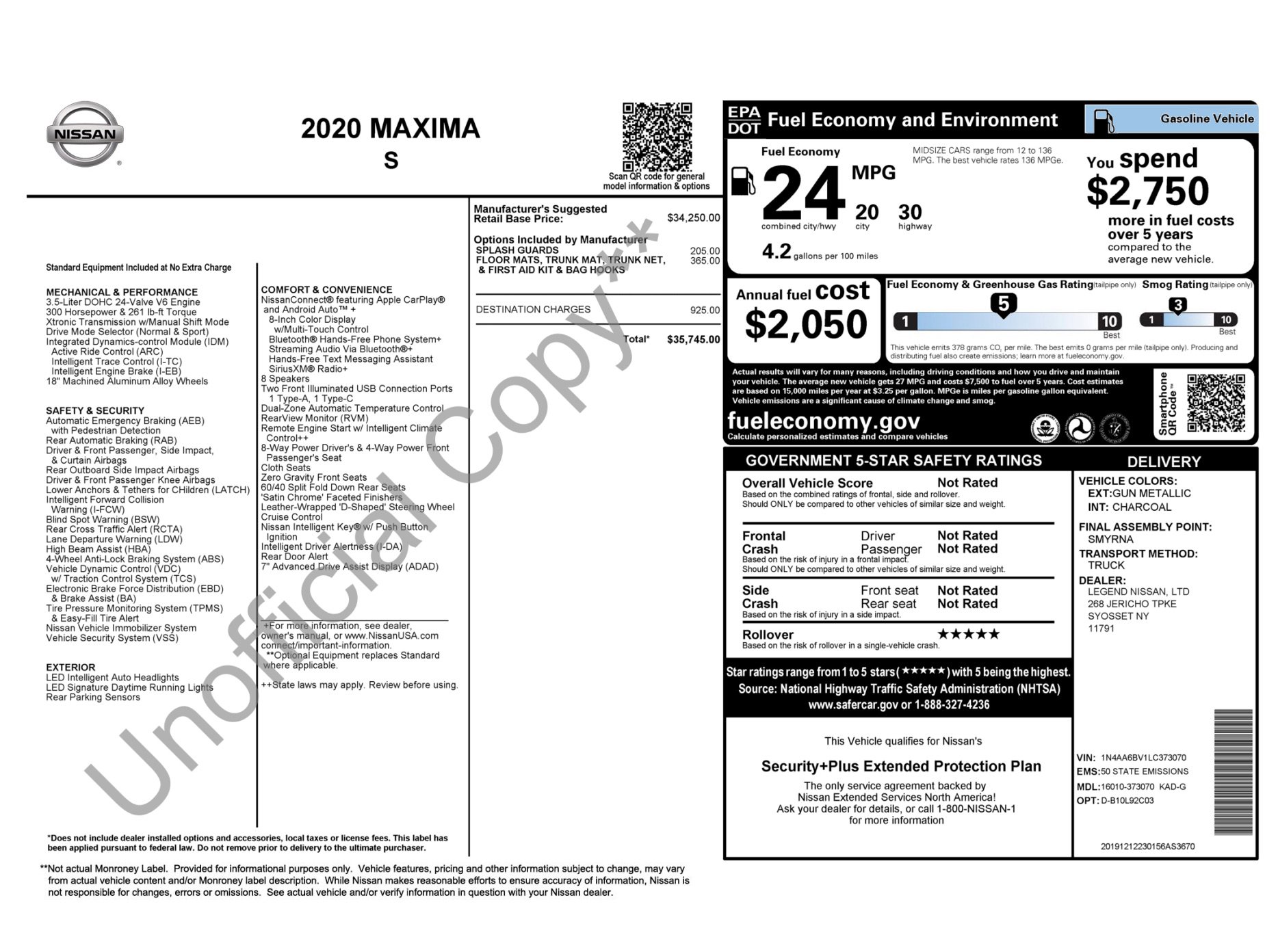 Used 2020 Nissan Maxima 3.5 S w/ Floor Mat Group image 3