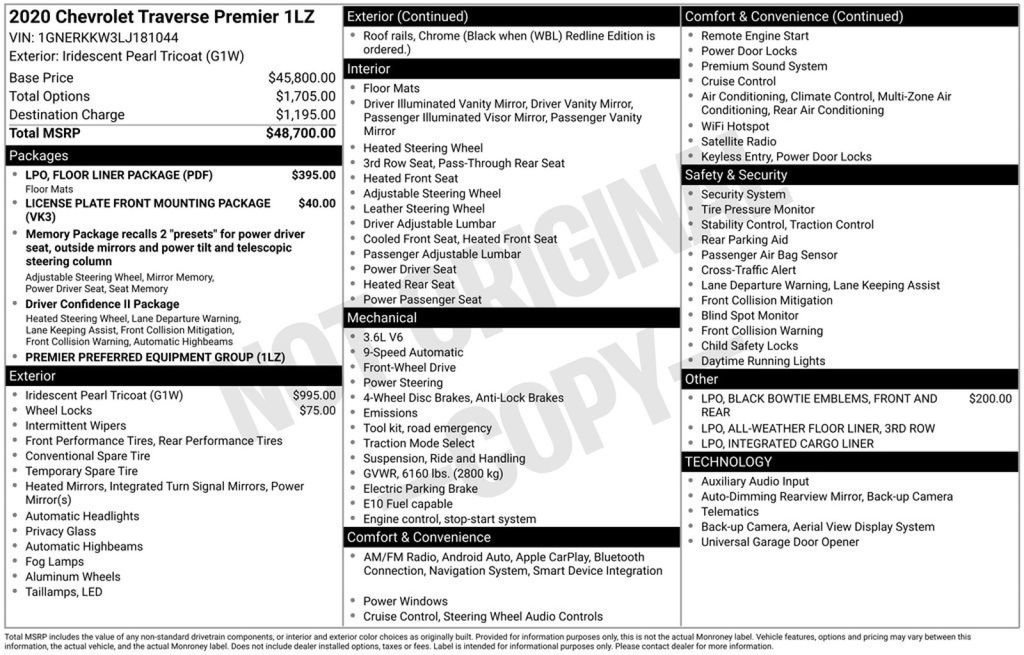 Used 2020 Chevrolet Traverse Premier w/ LPO, Floor Liner Package FWD image 8