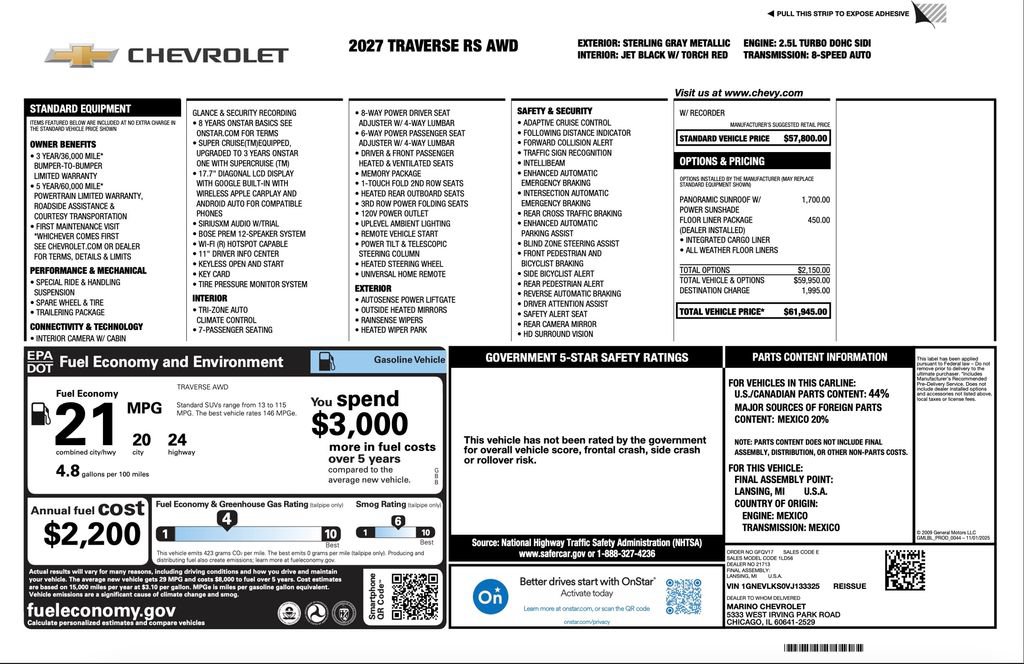 New 2027 Chevrolet Traverse RS w/ LPO, Floor Liner Package AWD/4WD image 2