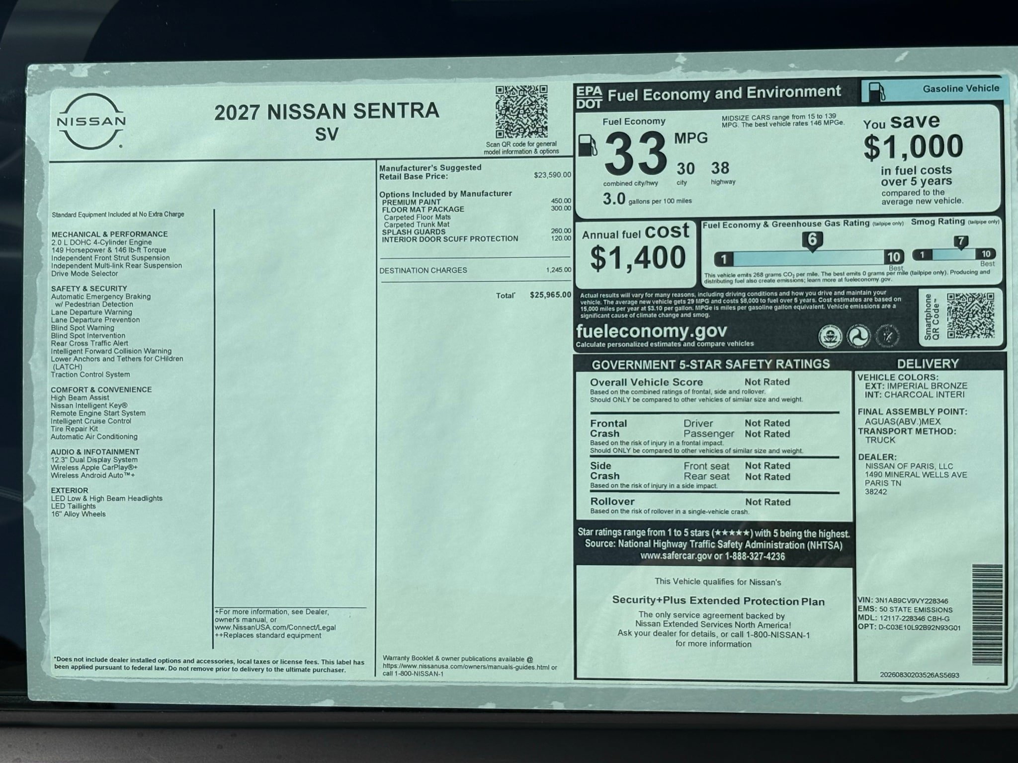 New 2027 Nissan Sentra SV w/ Floor Mat Package FWD image 26