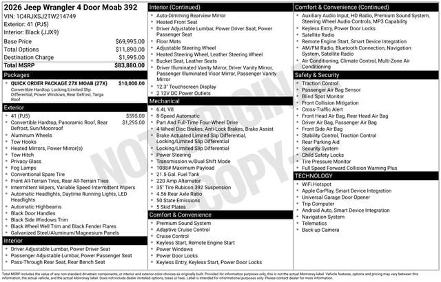 New 2026 Jeep Wrangler Unlimited Rubicon 392 w/ Quick Order Package 27X Moab AWD/4WD image 39