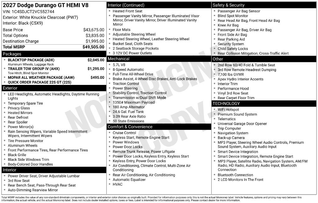 New 2027 Dodge Durango GT w/ Blacktop Package AWD/4WD image 6