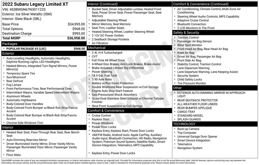 Used 2022 Subaru Legacy Limited XT w/ Popular Package #3 image 6