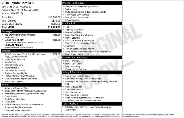 Used 2010 Toyota Corolla LE w/ All Weather Guard Pkg FWD image 6