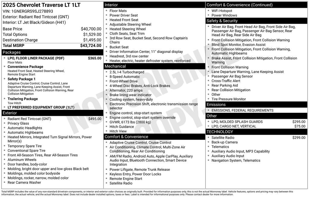 New 2025 Chevrolet Traverse LT w/ LPO, Floor Liner Package image 4