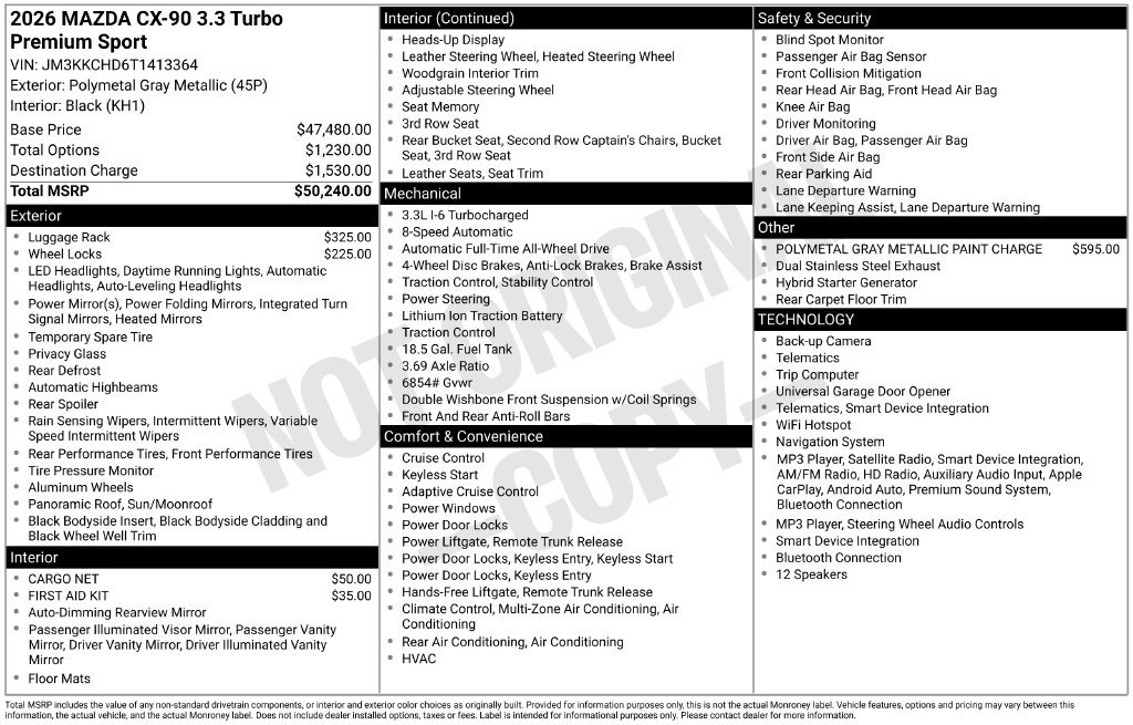New 2026 MAZDA CX-90 3.3 Turbo w/ Premium Sport Pkg AWD/4WD image 7