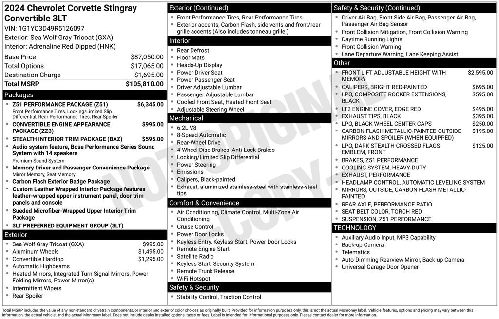 Used 2024 Chevrolet Corvette Stingray Premium Conv w/ Z51 Performance Package RWD image 3