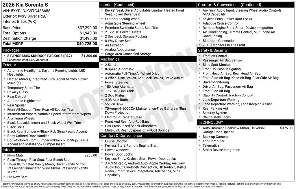 New 2026 Kia Sorento S w/ S Panoramic Sunroof Package AWD/4WD image 11