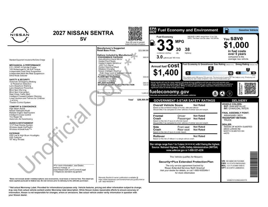 New 2027 Nissan Sentra SV w/ SV Convenience Package FWD image 2