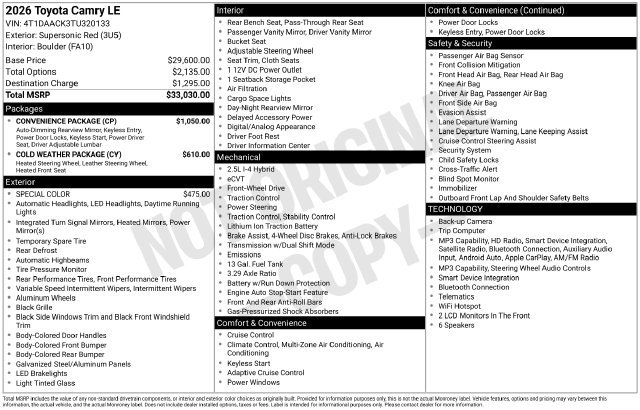 Used 2026 Toyota Camry LE w/ Convenience Package FWD image 28