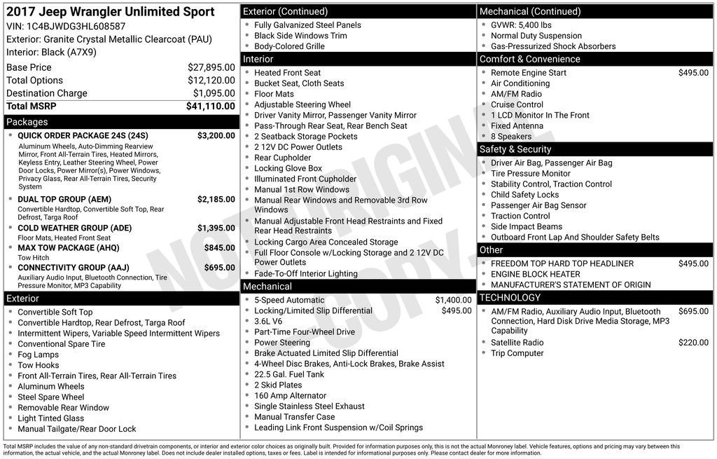 Used 2017 Jeep Wrangler Unlimited Sport w/ Quick Order Package 24S AWD/4WD image 14