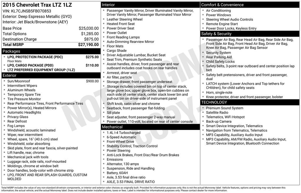Used 2015 Chevrolet Trax LTZ w/ LPO, Protection Package FWD image 20